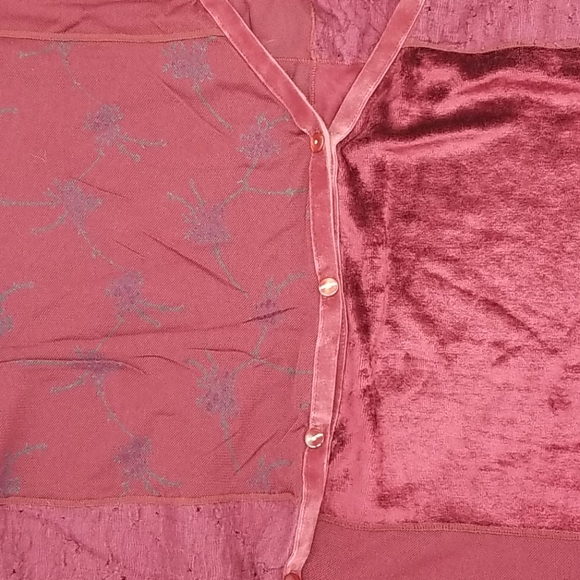 J. Jill Large Maroon Red Velvet Lace Sheer Patchwork Button Down Long Sleeve Top - Picture 8 of 12